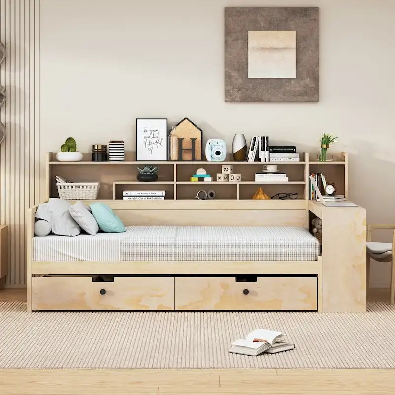 Wooden Twin Size Daybed with Built-in Storage Drawers and Desk