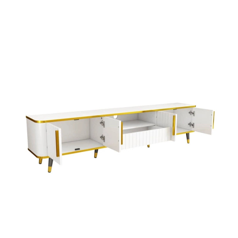 Luxury Minimalism TV Stand with Open Storage Shelf for TVs Up to 85, Entertainment Center with Cabinets and Drawers