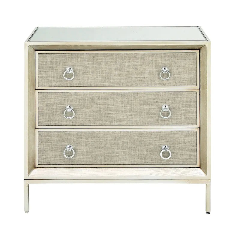 Wooden Upholstered Front Panel 3 Drawer Room Chest with Mirrored Top and Ring Handles - Beige