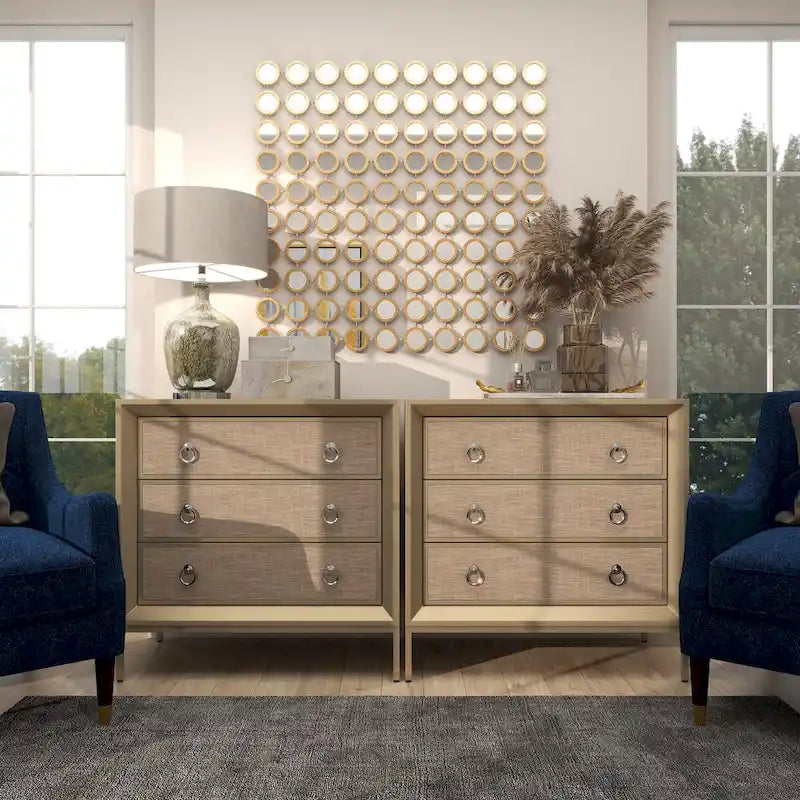 Wooden Upholstered Front Panel 3 Drawer Room Chest with Mirrored Top and Ring Handles - Beige
