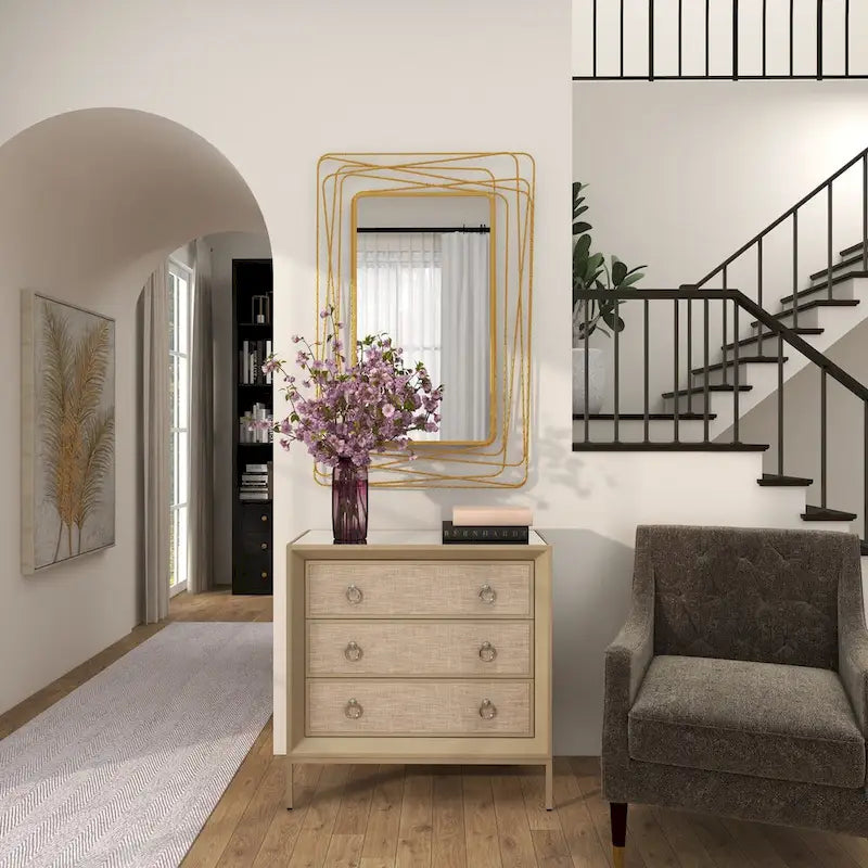 Wooden Upholstered Front Panel 3 Drawer Room Chest with Mirrored Top and Ring Handles - Beige