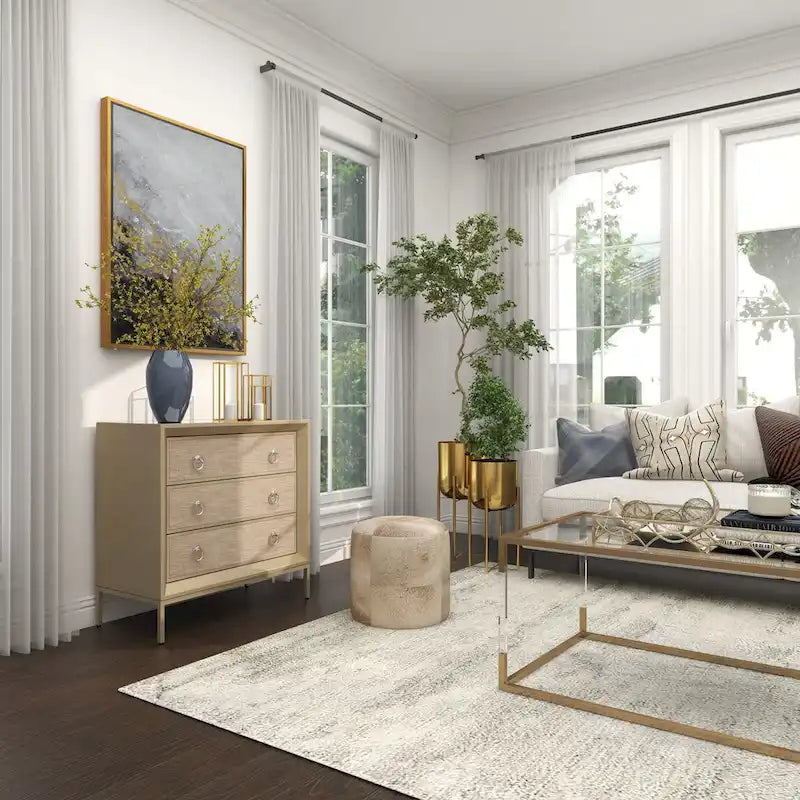 Wooden Upholstered Front Panel 3 Drawer Room Chest with Mirrored Top and Ring Handles - Beige