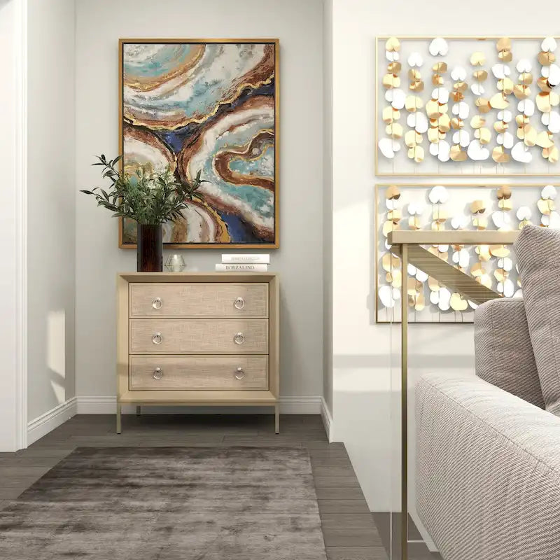 Wooden Upholstered Front Panel 3 Drawer Room Chest with Mirrored Top and Ring Handles - Beige
