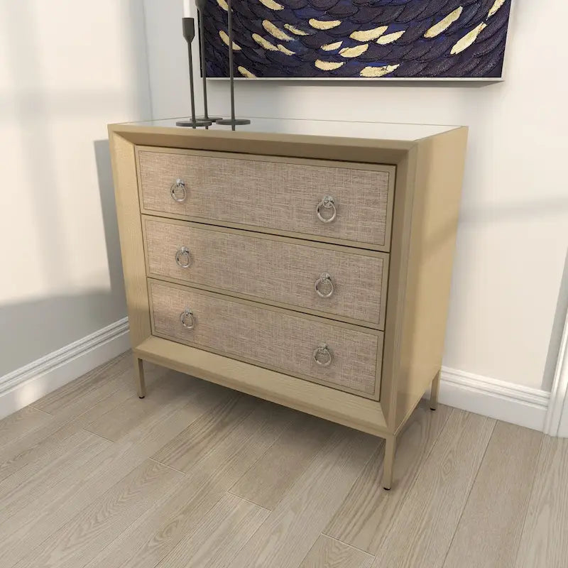 Wooden Upholstered Front Panel 3 Drawer Room Chest with Mirrored Top and Ring Handles - Beige