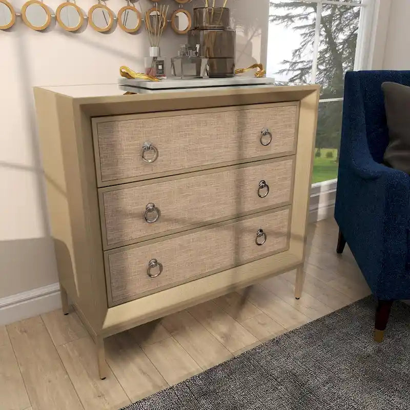Wooden Upholstered Front Panel 3 Drawer Room Chest with Mirrored Top and Ring Handles - Beige