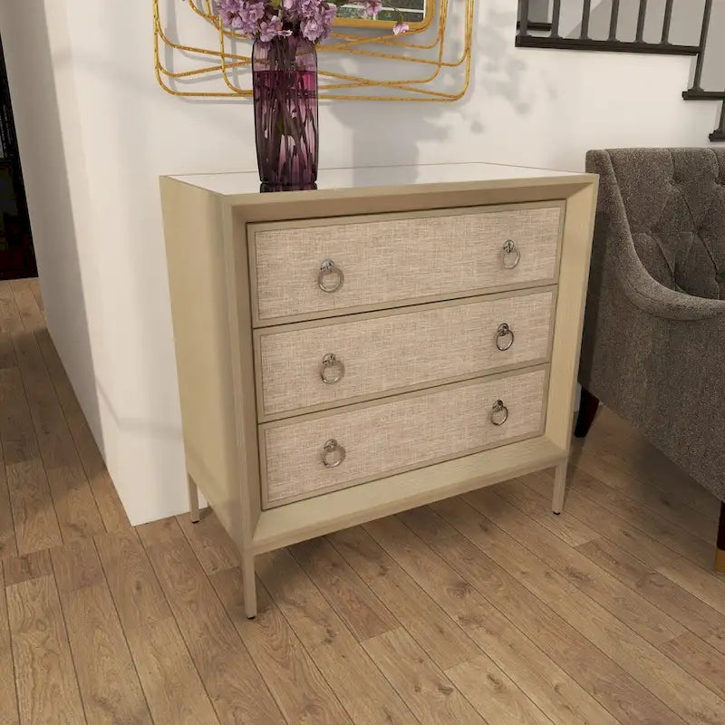 Wooden Upholstered Front Panel 3 Drawer Room Chest with Mirrored Top and Ring Handles - Beige