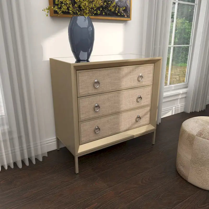 Wooden Upholstered Front Panel 3 Drawer Room Chest with Mirrored Top and Ring Handles - Beige