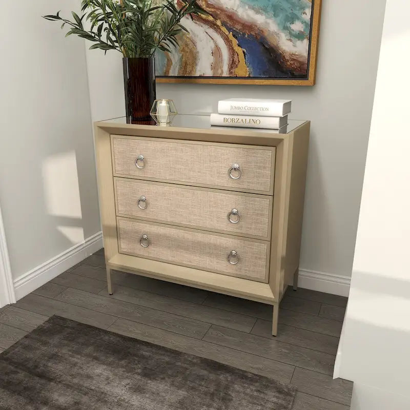 Wooden Upholstered Front Panel 3 Drawer Room Chest with Mirrored Top and Ring Handles - Beige