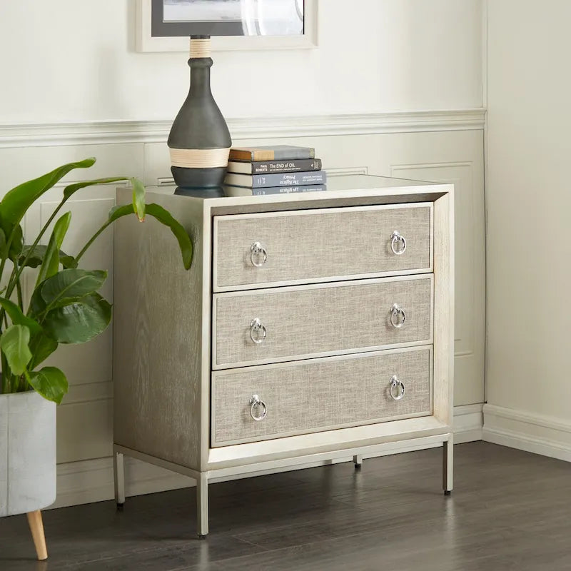 Wooden Upholstered Front Panel 3 Drawer Room Chest with Mirrored Top and Ring Handles - Beige
