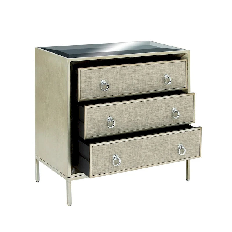 Wooden Upholstered Front Panel 3 Drawer Room Chest with Mirrored Top and Ring Handles - Beige