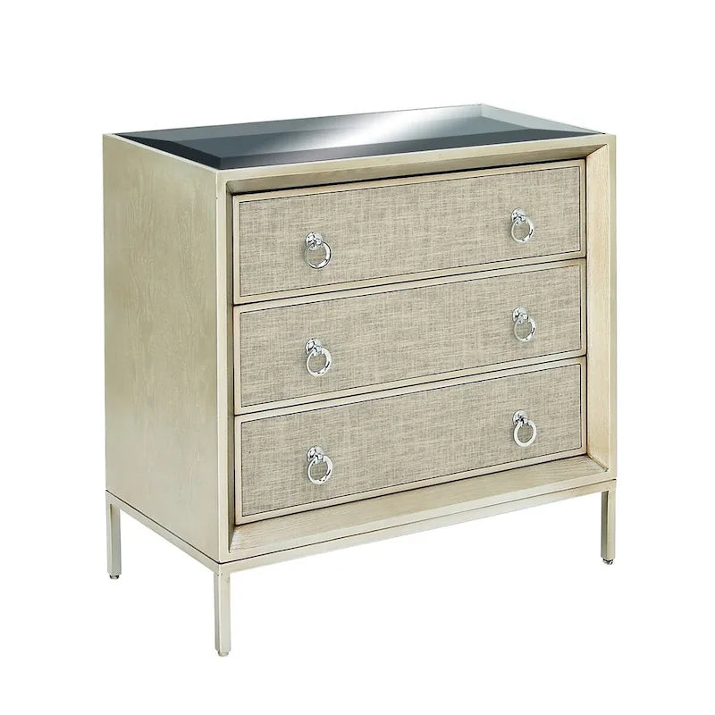 Wooden Upholstered Front Panel 3 Drawer Room Chest with Mirrored Top and Ring Handles - Beige