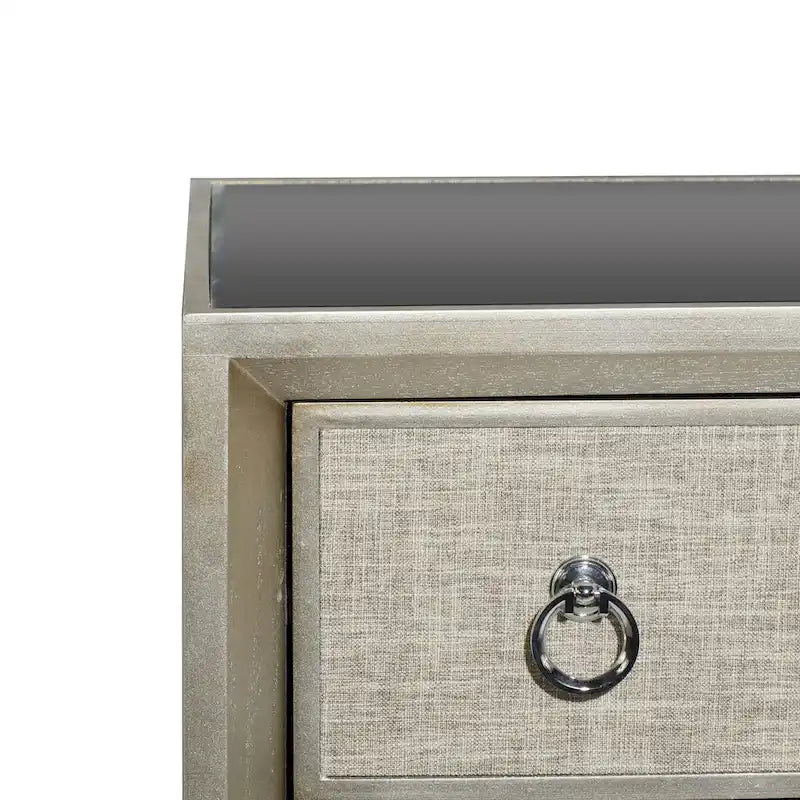 Wooden Upholstered Front Panel 3 Drawer Room Chest with Mirrored Top and Ring Handles - Beige