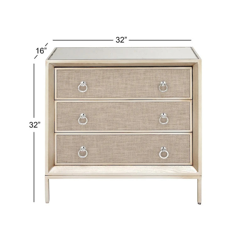 Wooden Upholstered Front Panel 3 Drawer Room Chest with Mirrored Top and Ring Handles - Beige