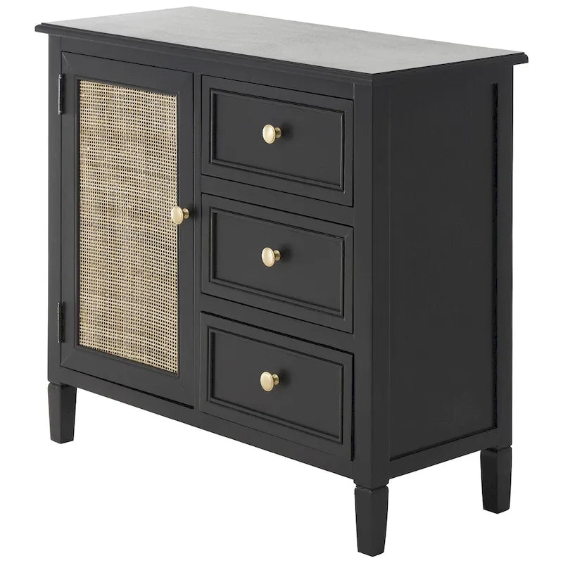Wood Handmade 3 Drawers and 1 Door Room Cabinet with Rattan Front - Black