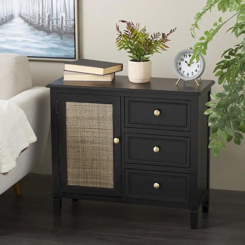 Wood Handmade 3 Drawers and 1 Door Room Cabinet with Rattan Front - Black