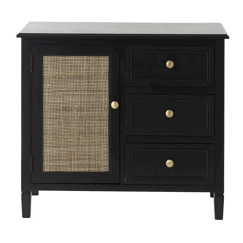 Wood Handmade 3 Drawers and 1 Door Room Cabinet with Rattan Front - Black