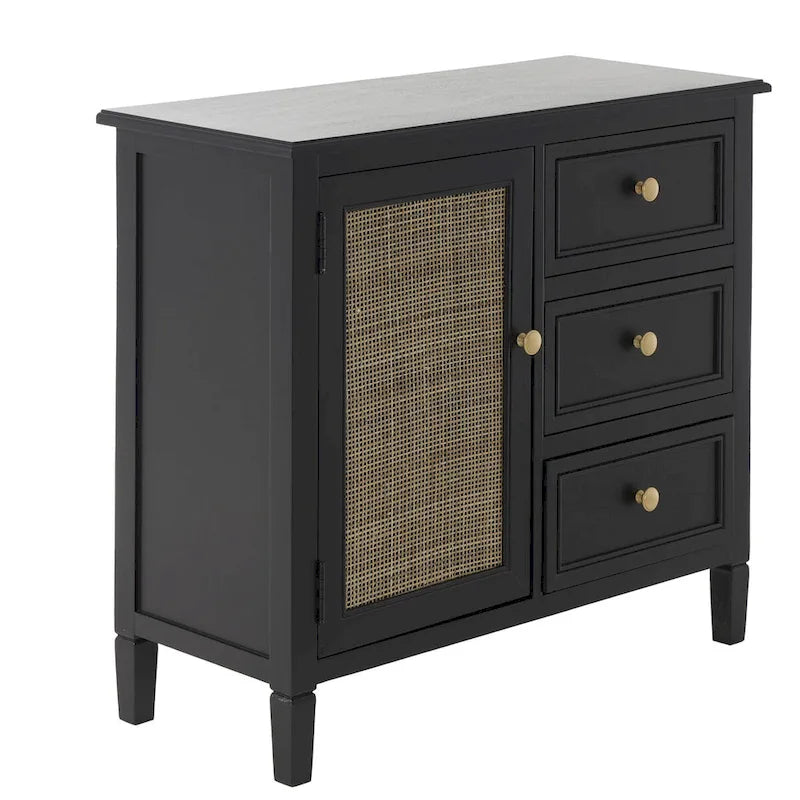 Wood Handmade 3 Drawers and 1 Door Room Cabinet with Rattan Front - Black