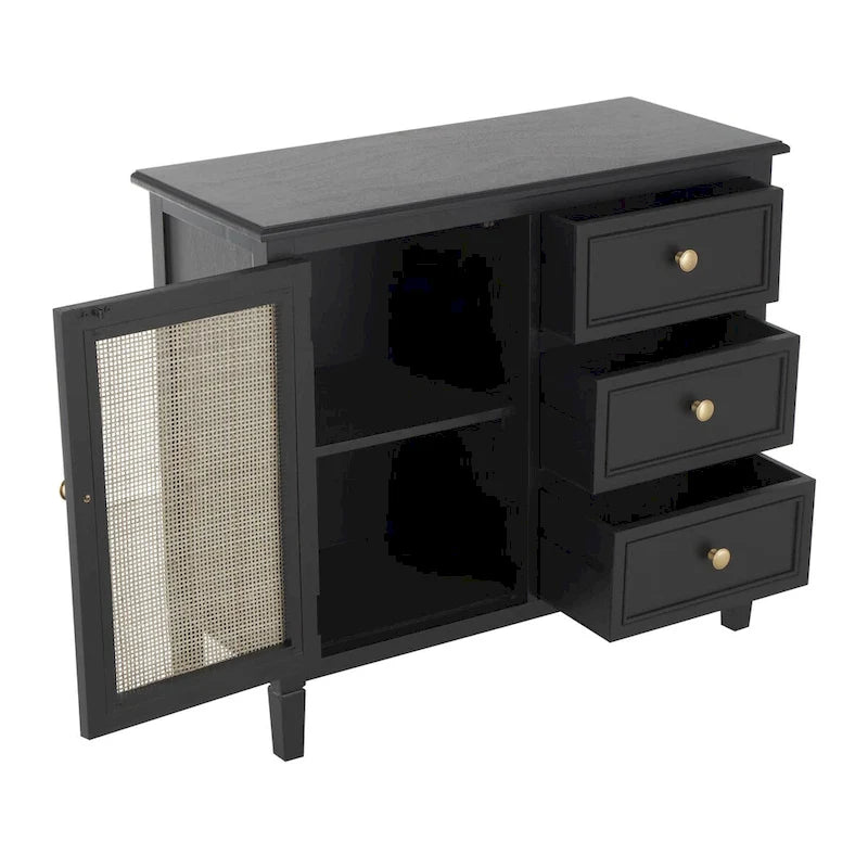 Wood Handmade 3 Drawers and 1 Door Room Cabinet with Rattan Front - Black