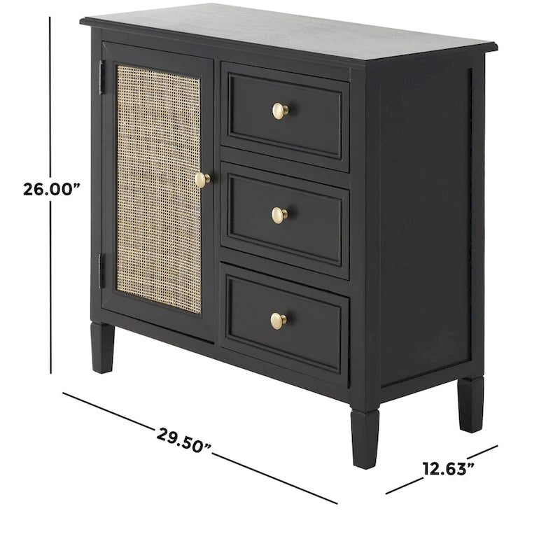 Wood Handmade 3 Drawers and 1 Door Room Cabinet with Rattan Front - Black